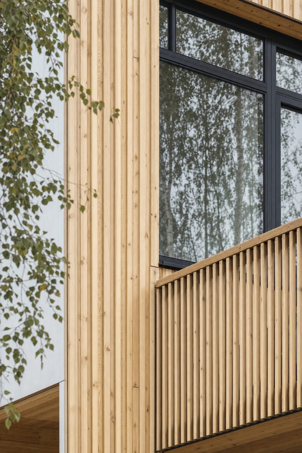 Närbild på träfasad med vertikal panel och slätt balkongräcke i trä.